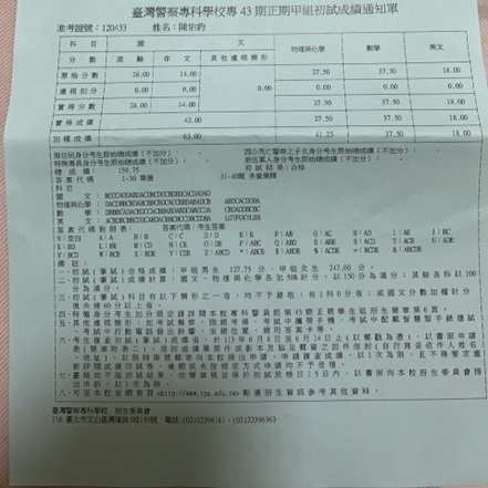 陳佑鈞上榜成績單