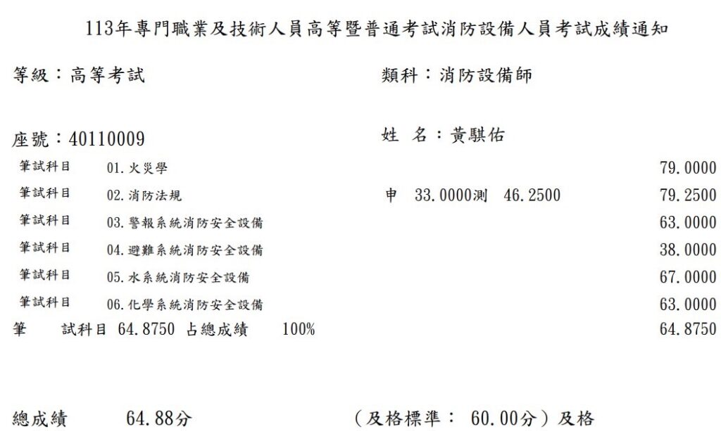 設備師 成績單